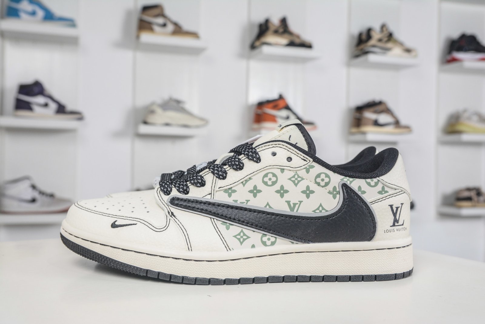 Travis Scott x Louis Vuitton x Air Jordan 1 Low Custom Sail Black Reverse Swoosh - HH7518 090