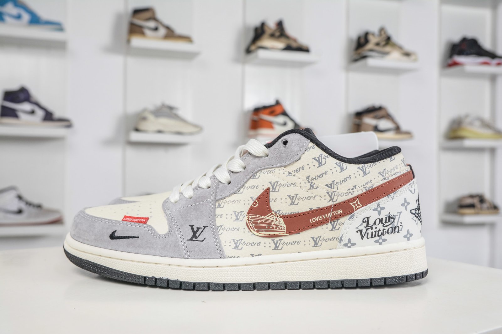 Louis Vuitton x Air Jordan 1 Low Custom 'Grey White Brown' Premium Leather - QL1988 007