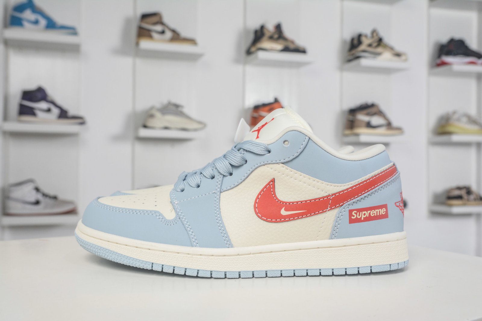Supreme x Air Jordan 1 Retro Low Custom 'White Light Blue Red Swoosh' - QJ1988-012