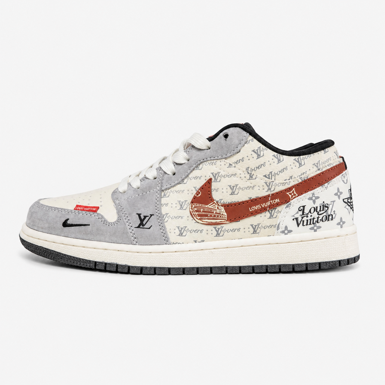 Louis Vuitton x Air Jordan 1 Low Custom 'Grey White Brown' Premium Leather - QL1988 007