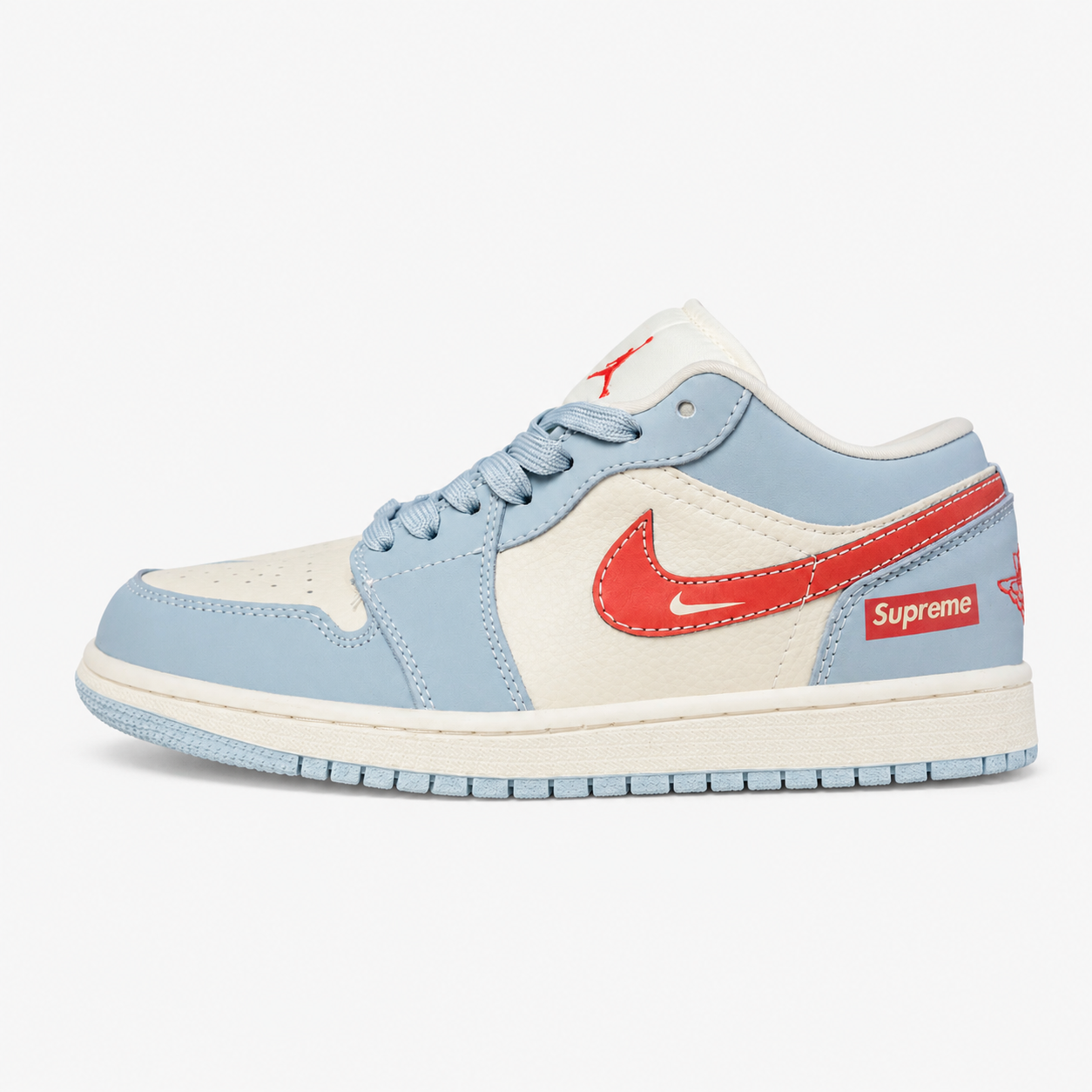 Supreme x Air Jordan 1 Retro Low Custom 'White Light Blue Red Swoosh' - QJ1988-012
